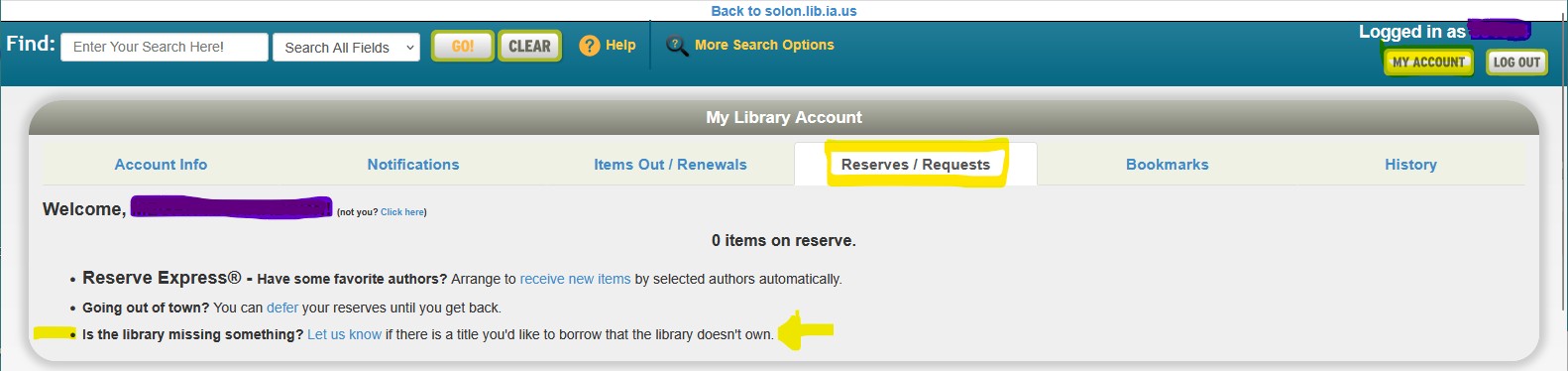 Screenshot of My Account "reserves and requests" page